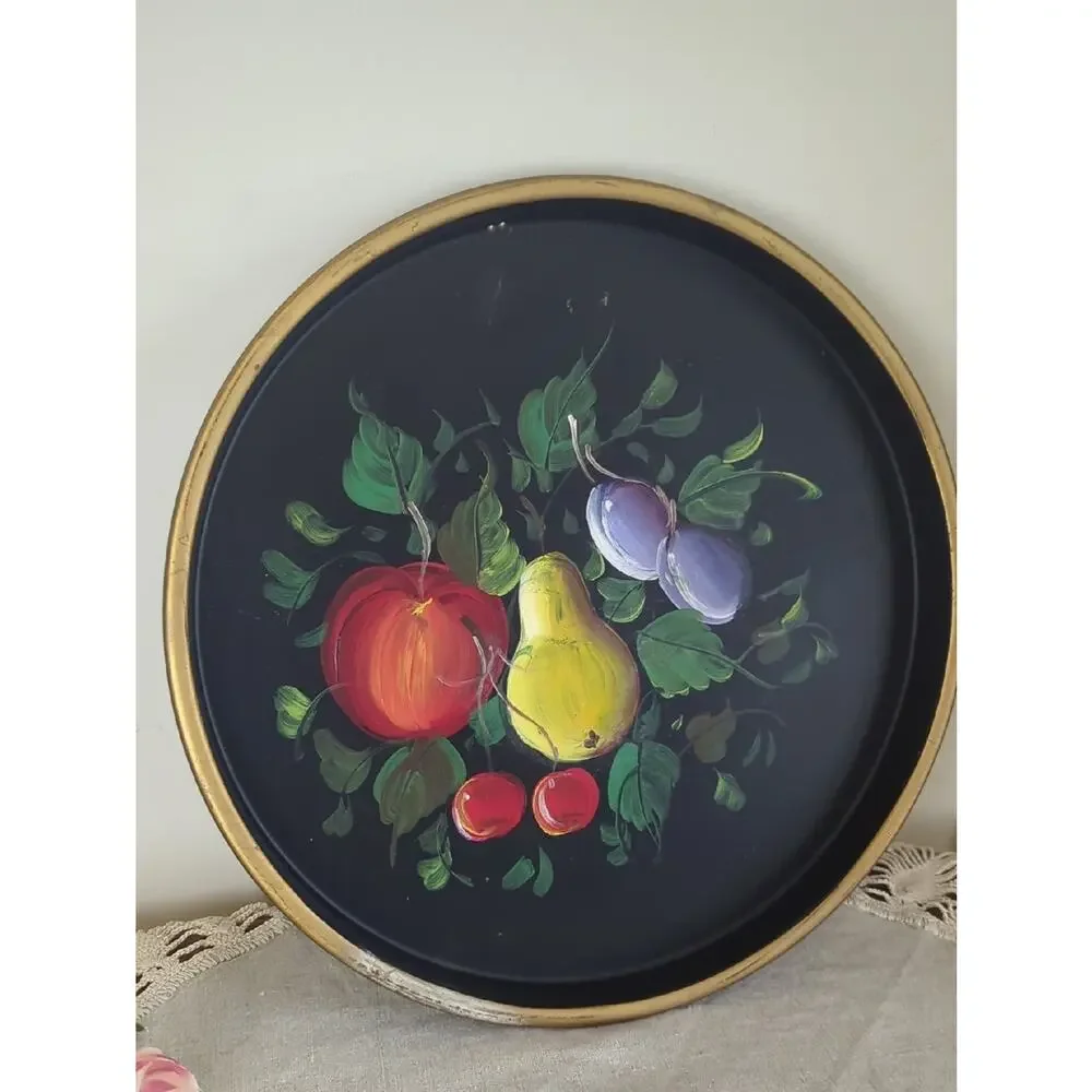 Vintage Handpainted Tole Style   Black Lacquer Metal Serving Tray Wall Decor
